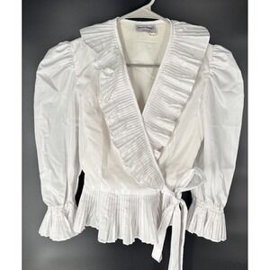 Vintage Womens White Ruffled Wrap Balloon Sleeve Blouse Sz 8 Poet Edwardian Boho